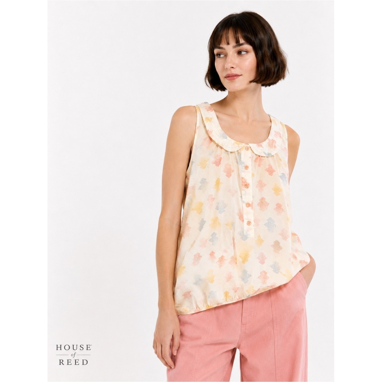 Vintage Sessùn Paris Silk Blend Sleeveless Blouse Peter Pan Collar Pastel Print