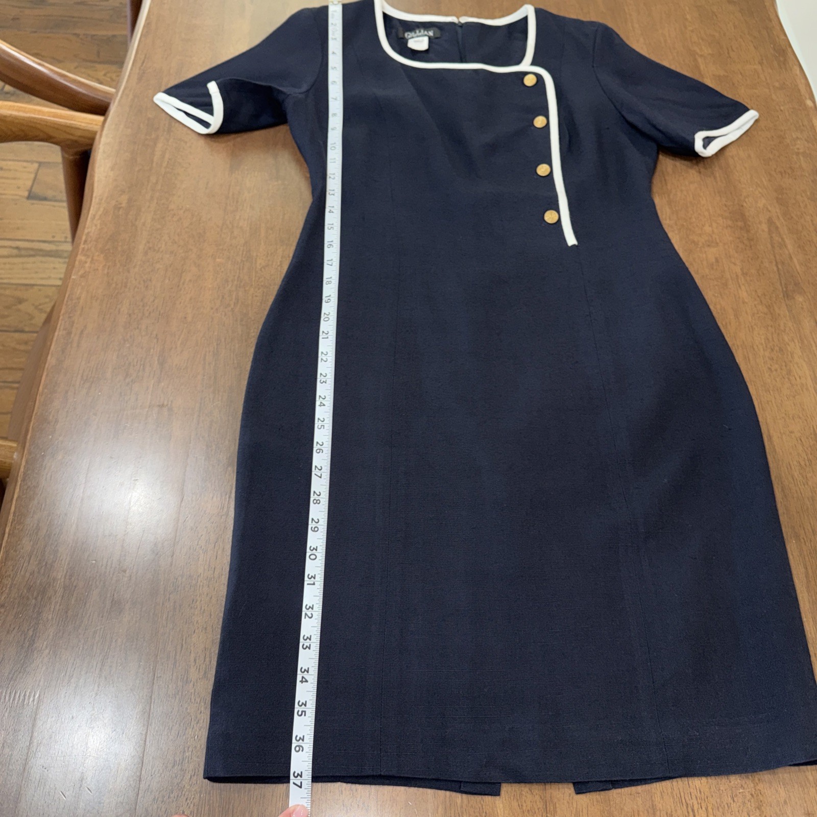 Vintage Navy Sheath Dress Petite 8 Union Made Gold Buttons White Trim Lined