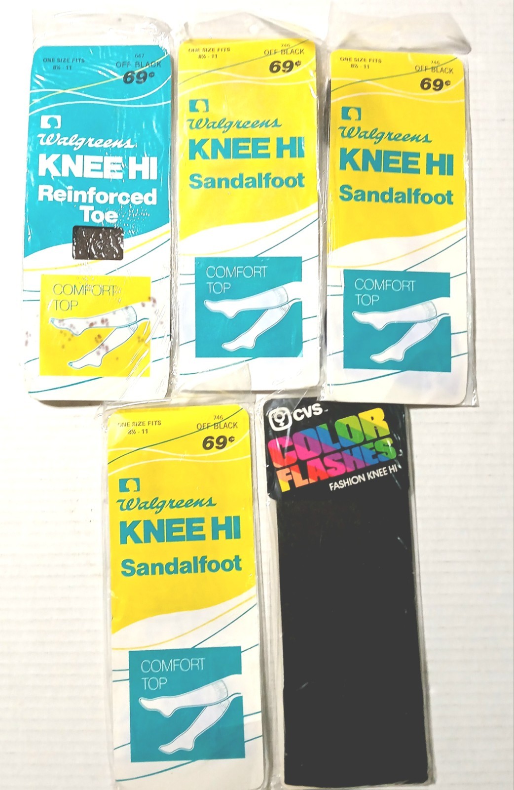 4 Vintage Walgreens & 1 CVS Knee Hi Sandalfoot Stocking Black 1 Size Fits 8.5-11