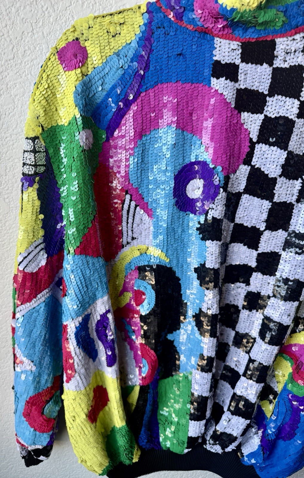 Vintage 80s Sequin Beaded Colorblock Art Deco Zip Jacket Statement Coat Glam XL