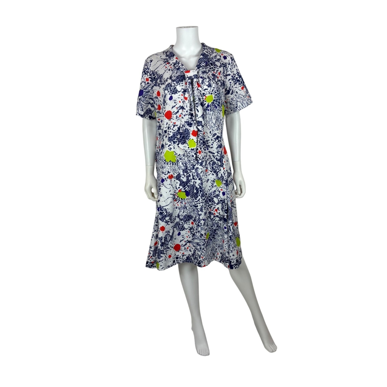 Vintage 70s Colorful Dress Womens XL Artsy Splatter Print Necktie Shift