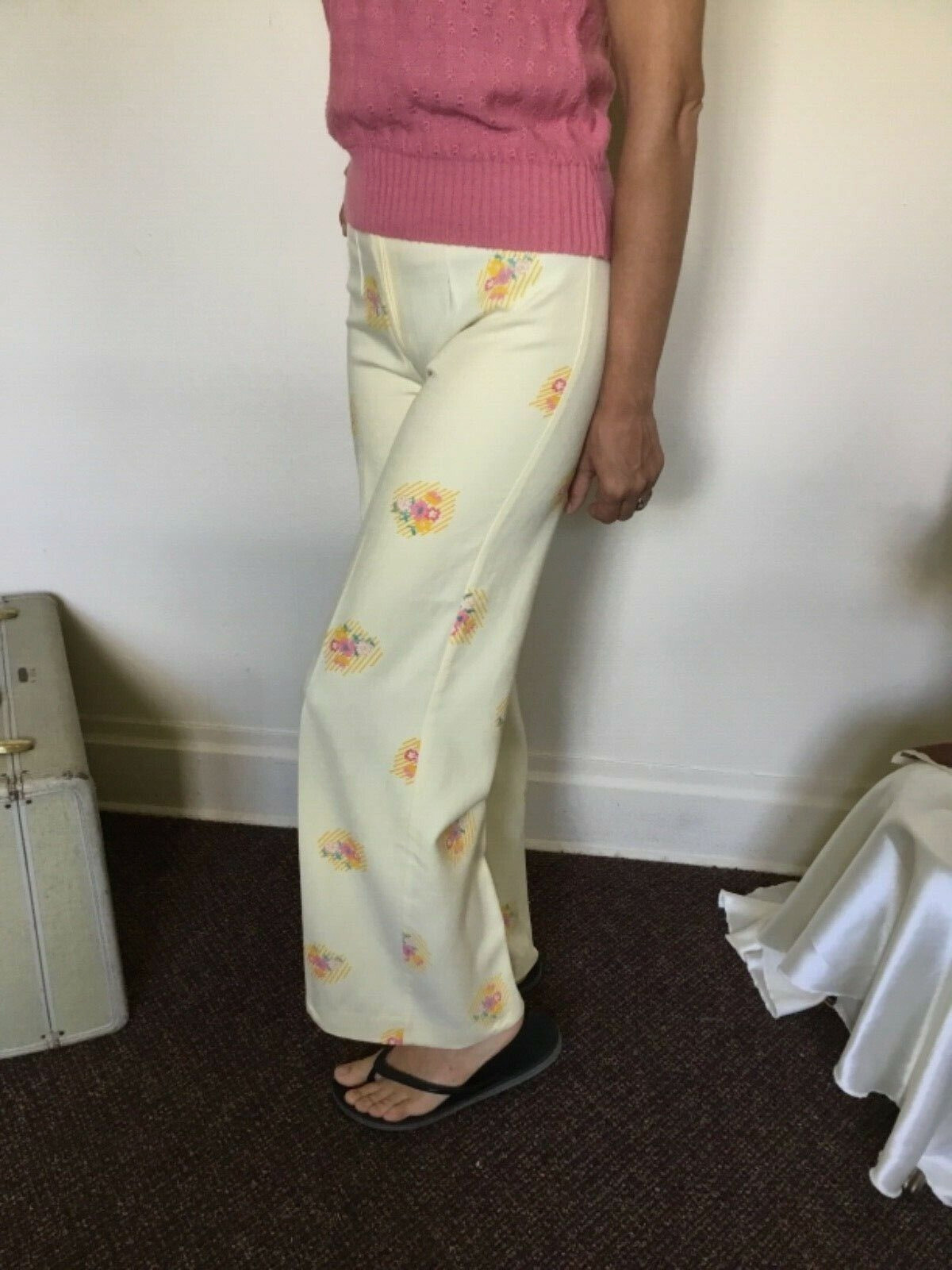 70’s Vintage Yellow Hippie Pink Floral Hi-Waist Bell Bottom Pants