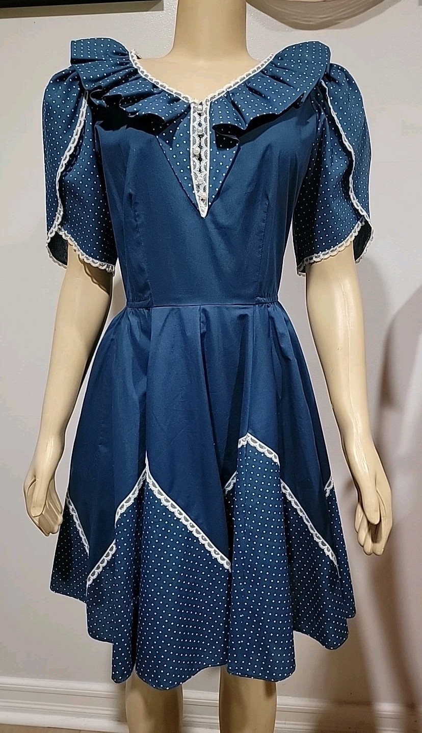 Partners Please Malco Modes Square Dance Dress Size 8 Blue White Polka Dots #CC