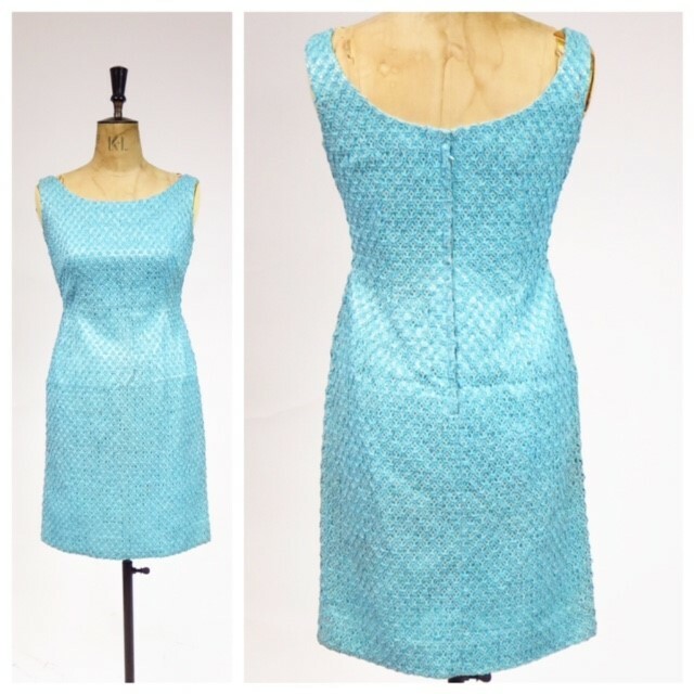 Original Vintage 1950s 1960s 1970s Blue Turquoise Ribbon Lace Summer Shift Dress