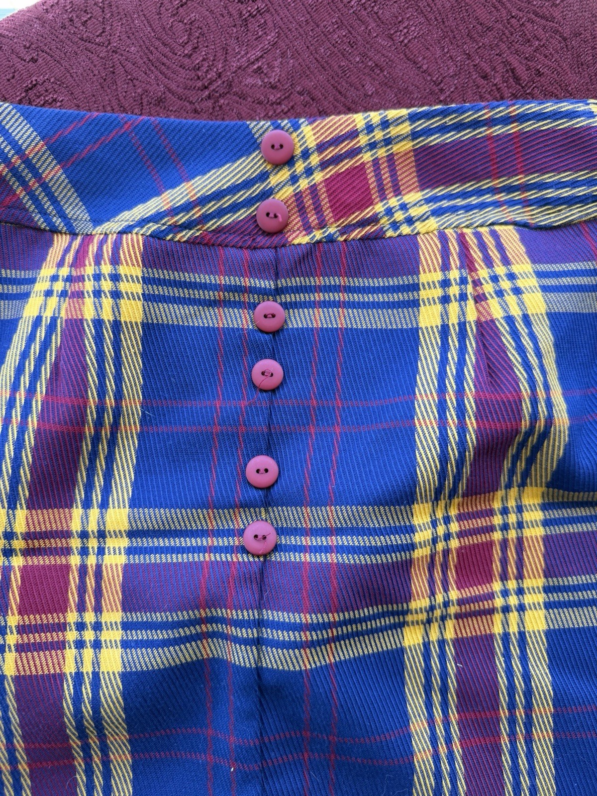 Vintage 1970s Sears Perma-Prest Blue & Yellow Tartan Plaid Button Front Skirt 5