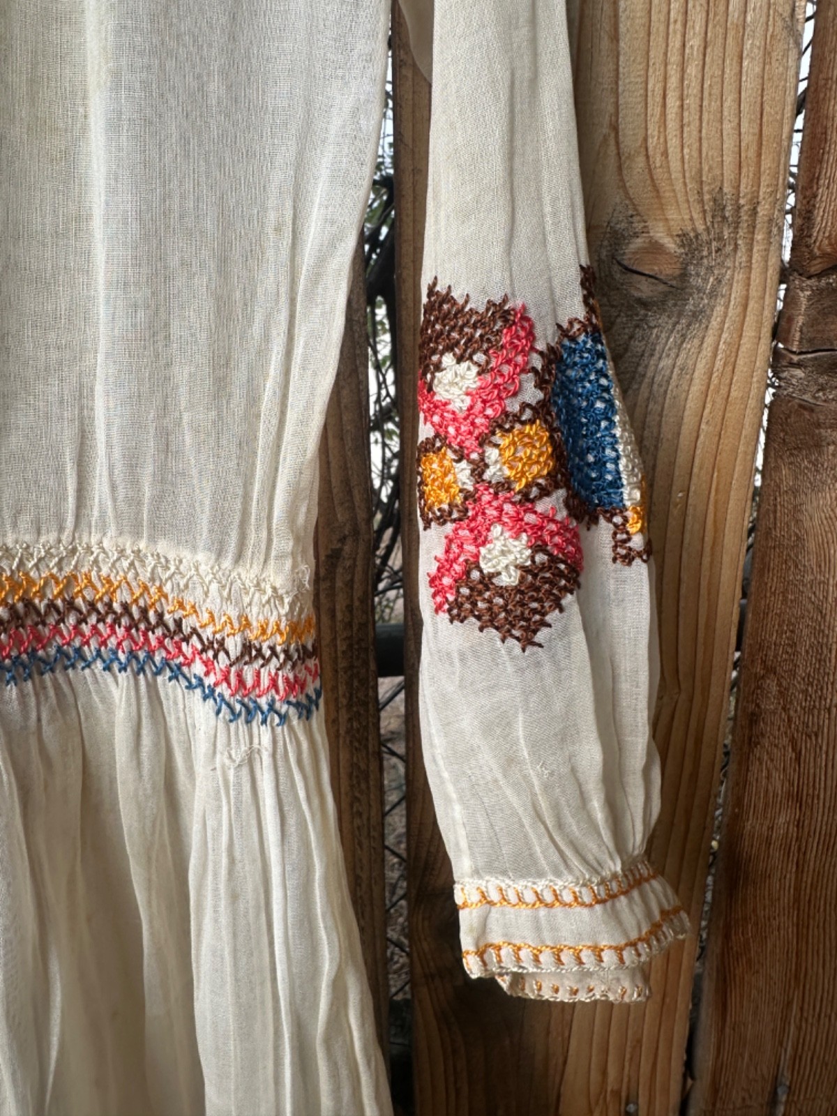 VINTAGE 20s Dress Embroidered Hungarian Peasant Dress Sheer Cotton Smocking