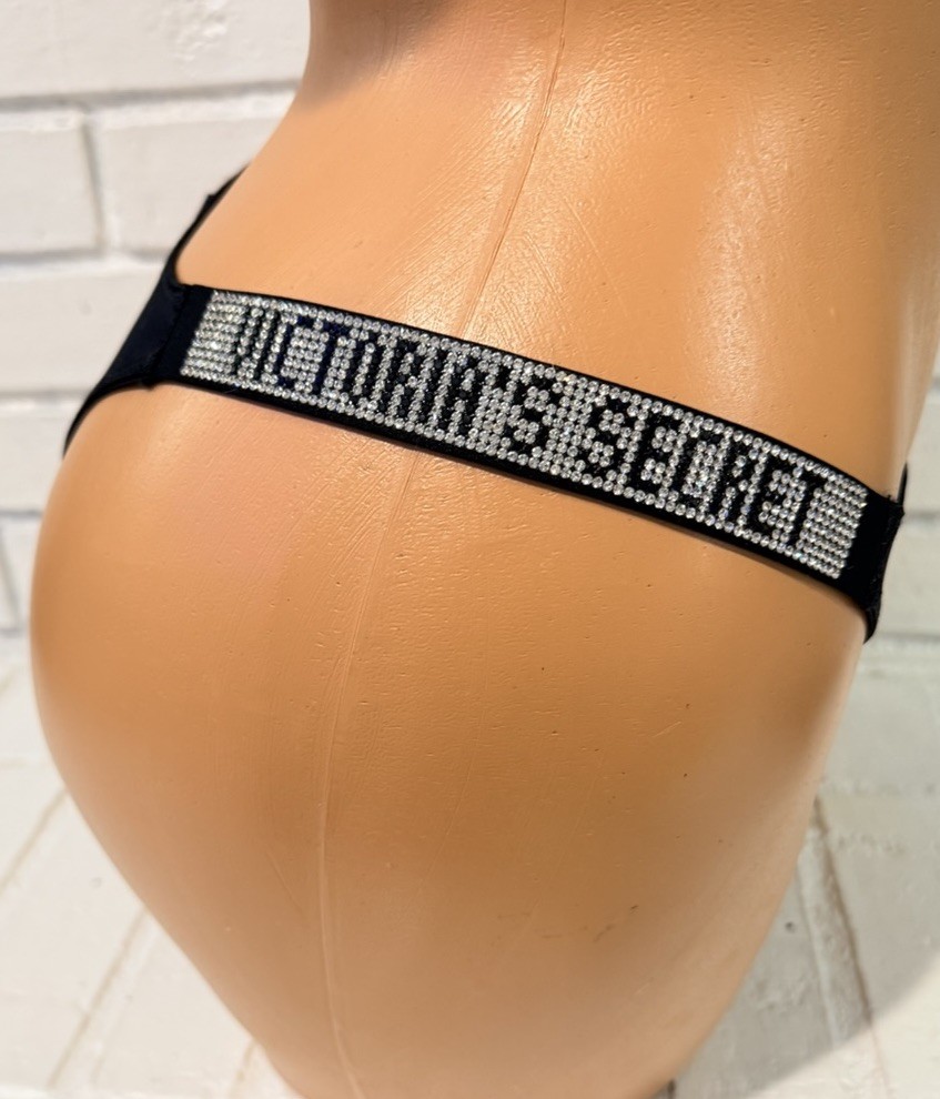 Victoria’s Secret Very Sexy V-String Thong Panty Black Satin Bling Logo Size M