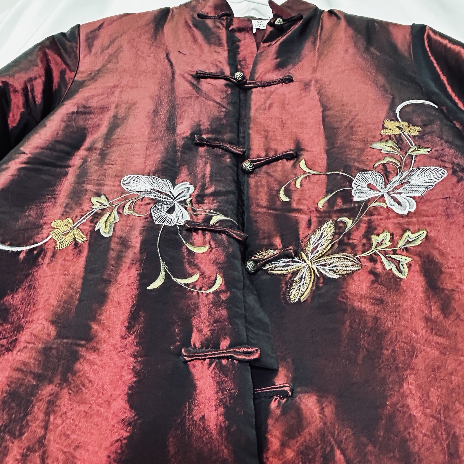 Vintage Silk Iridescent Mygaman Chinese Tang Suit Jacket M Burgundy Frog Closure
