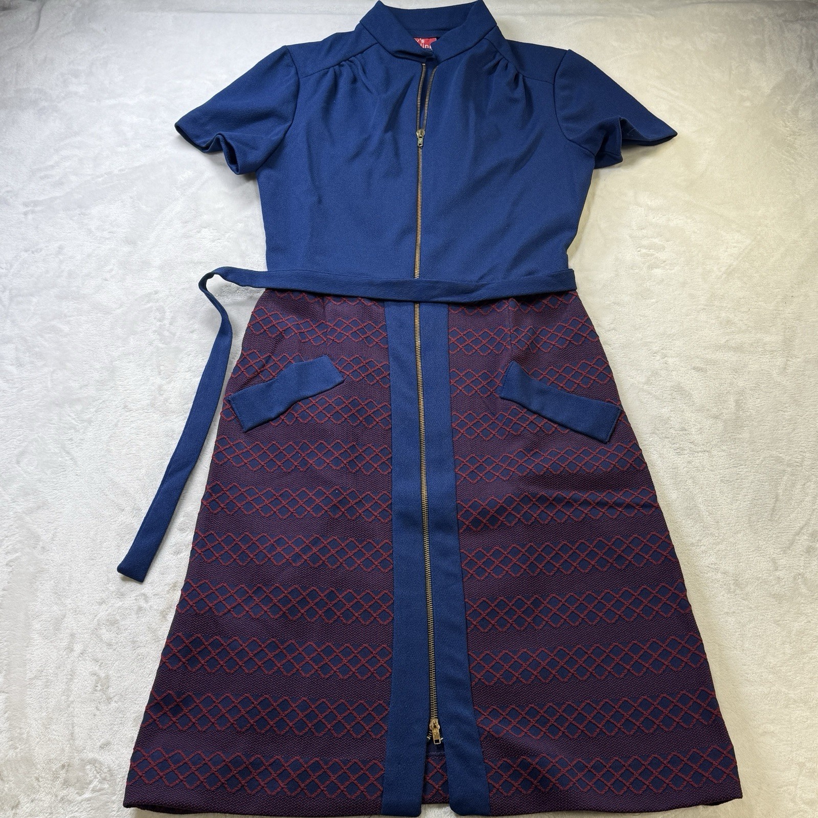 Vintage 60s 70s Grays Landing Mod Zip Front Dress Blue Purple 12P Mid Century