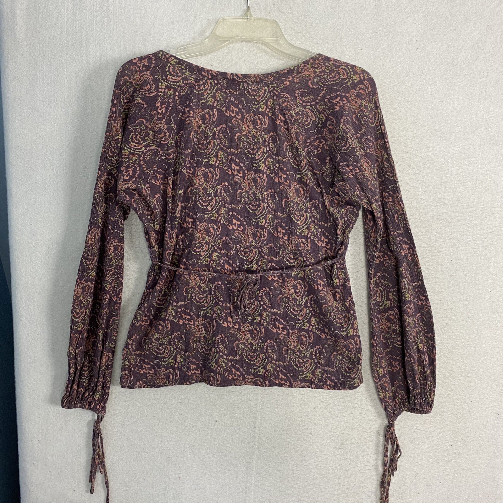 VTG Boho Peasant Balloon Sleeve Gauze Top L Purple Paisley 90s Blouse