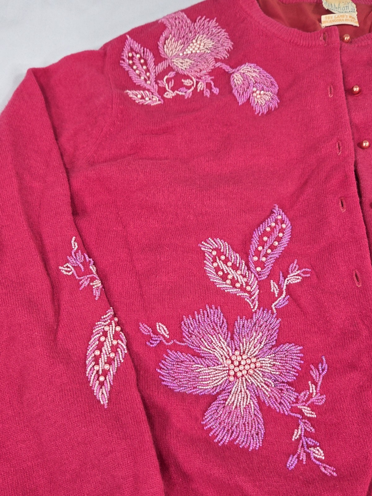 Vtg 50s Cavanagh’s Pink Beaded Wool Angora Cardigan Sweater Sz 44 St. Thomas VI