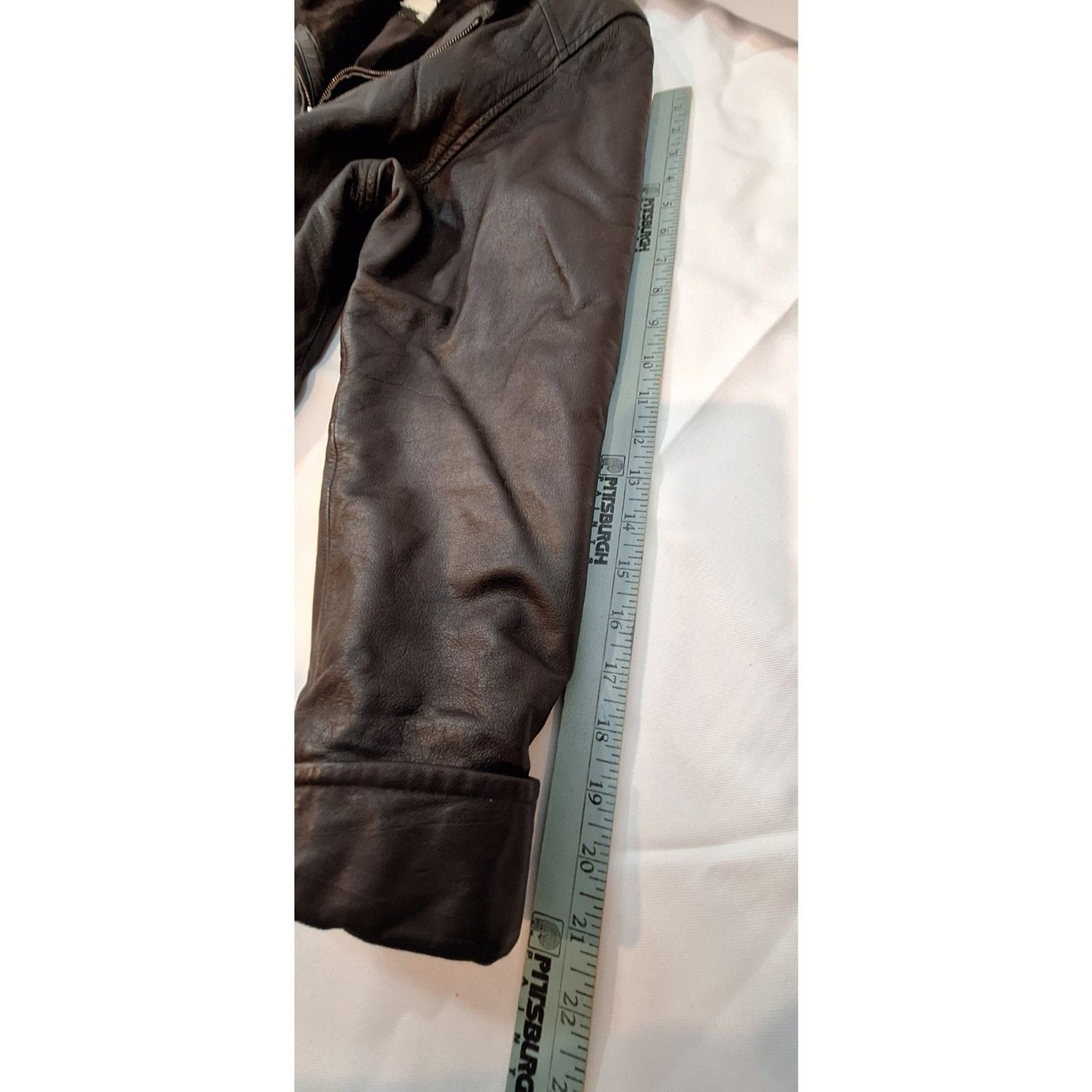 Donna Pelle Vintage Brown Leather Coat Faux Fur Collar Size S