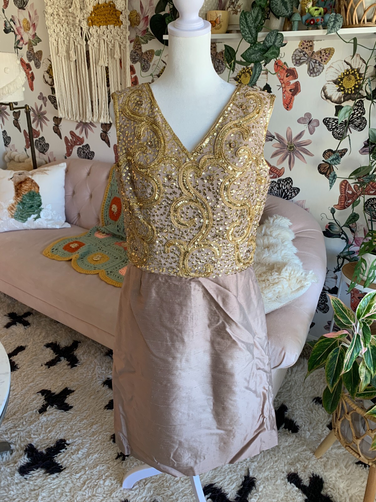 Vintage PARUES FEINSTEIN Sequins DRESS Silk Late 50s Early 60s Medium M 8