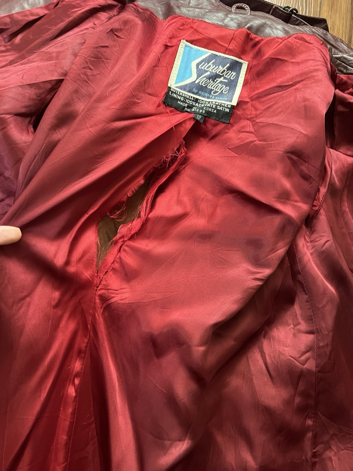 Vintage Suburban Heritage Leather Trench Coat Size 12 Burgundy Red Button 70s