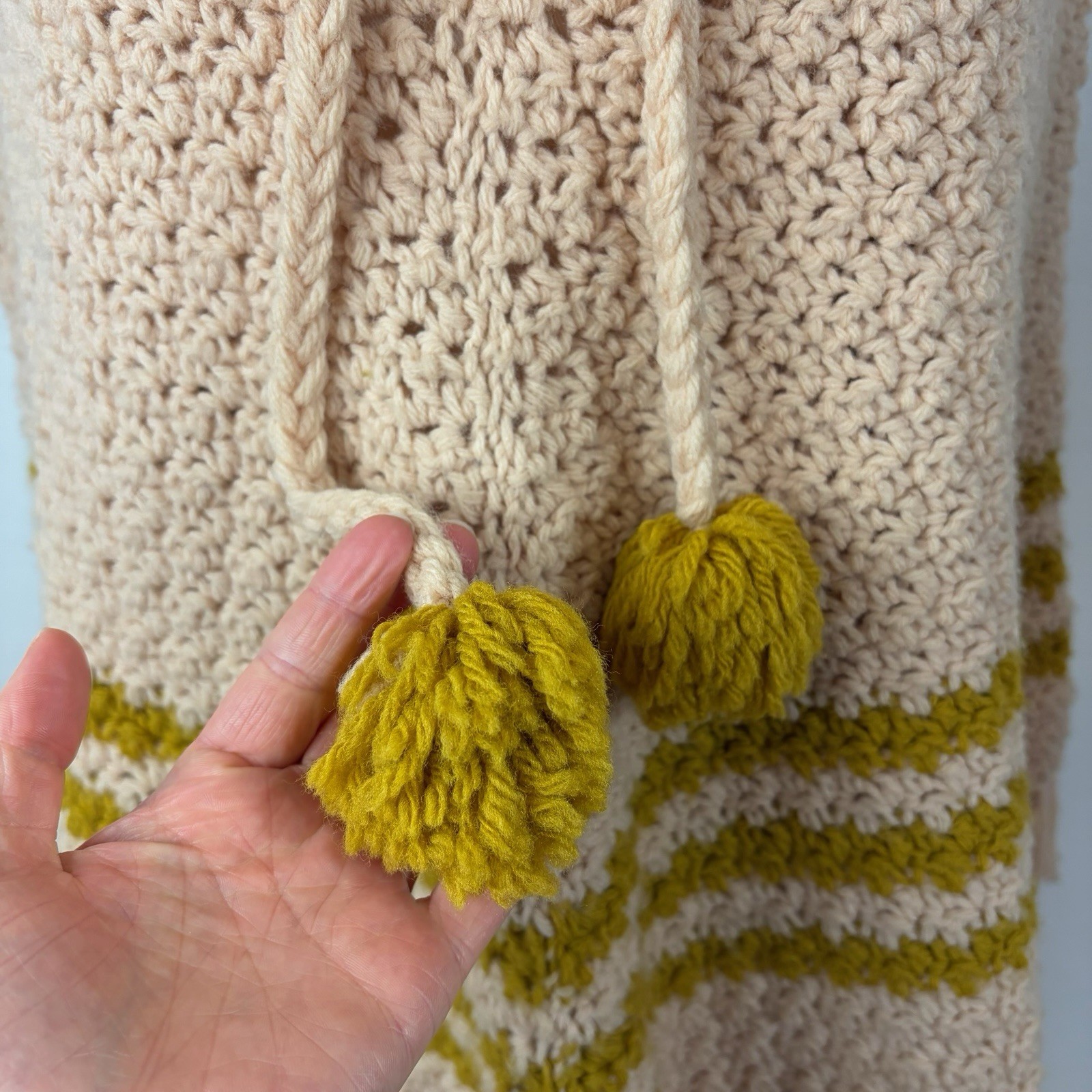 60’s 70’s Knit Crotchet Poncho Yellow Cream Fringe Boho Homemade Handmade
