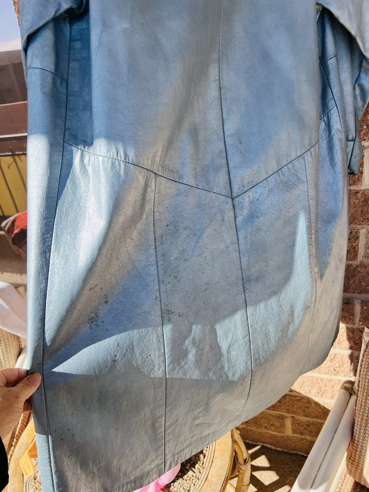 Vintage Shiny Blue Leather Coat w/ Fur Collar – No Lining or Brand, Still Sweet