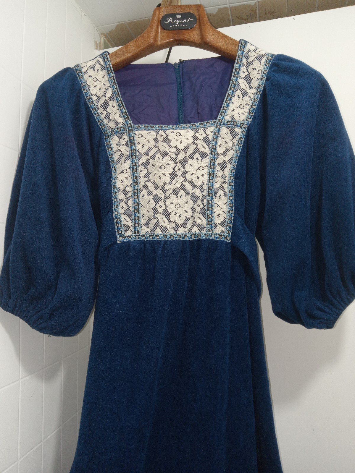 Vintage Montgomery Ward 70s Blue Prairie Style Dress Sz 7/8, Renaissance, Peasan