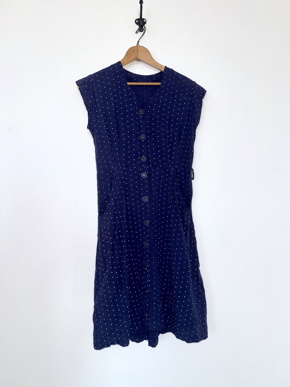 VINTAGE 40s FLOCKED POLKA DOT RAYON JERSEY BUTTON FRONT SLEEVELESS MIDI DRESS SM