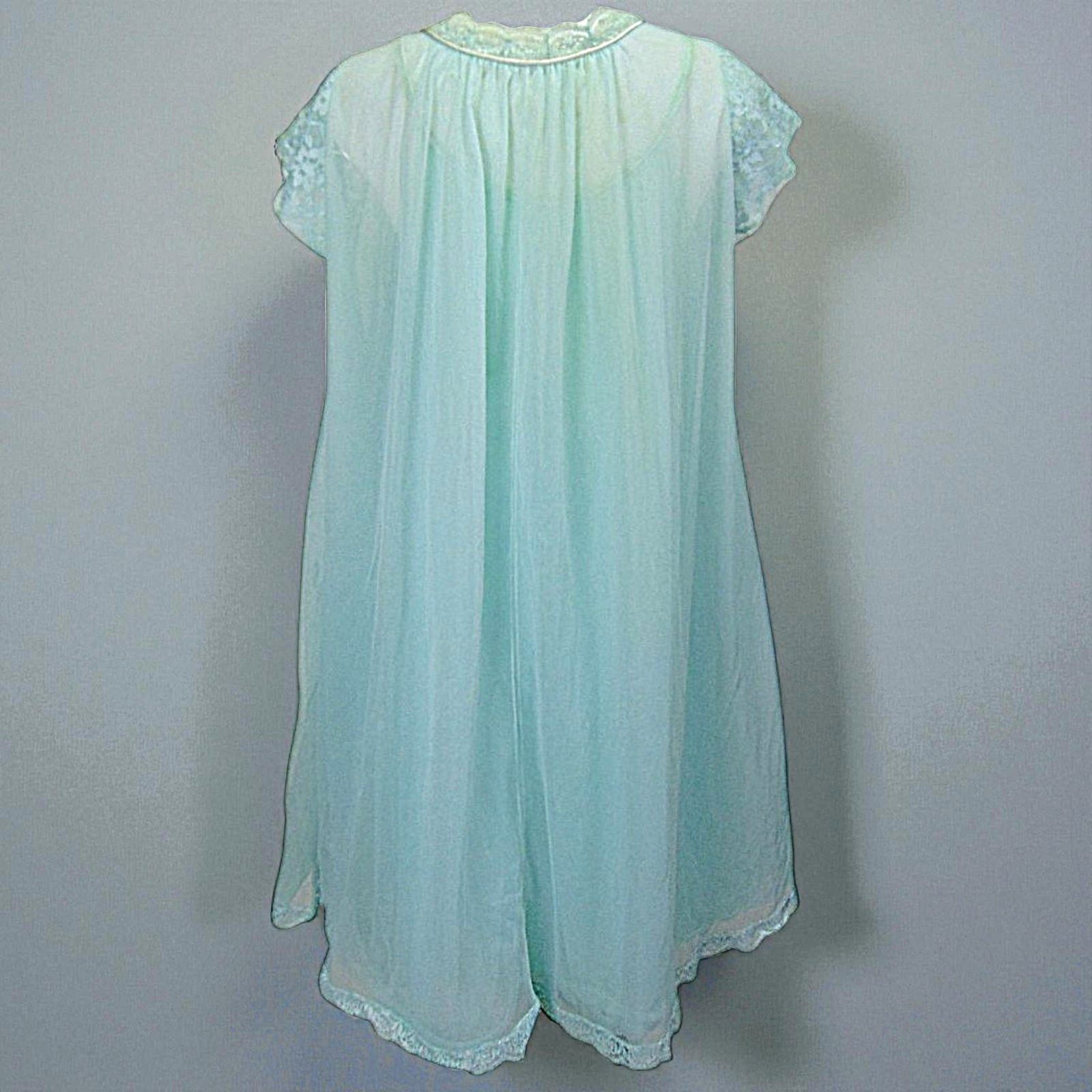 Vintage 1960s Van Raalte Aqua Chiffon Peignoir Set Lace Robe Nightgown Small