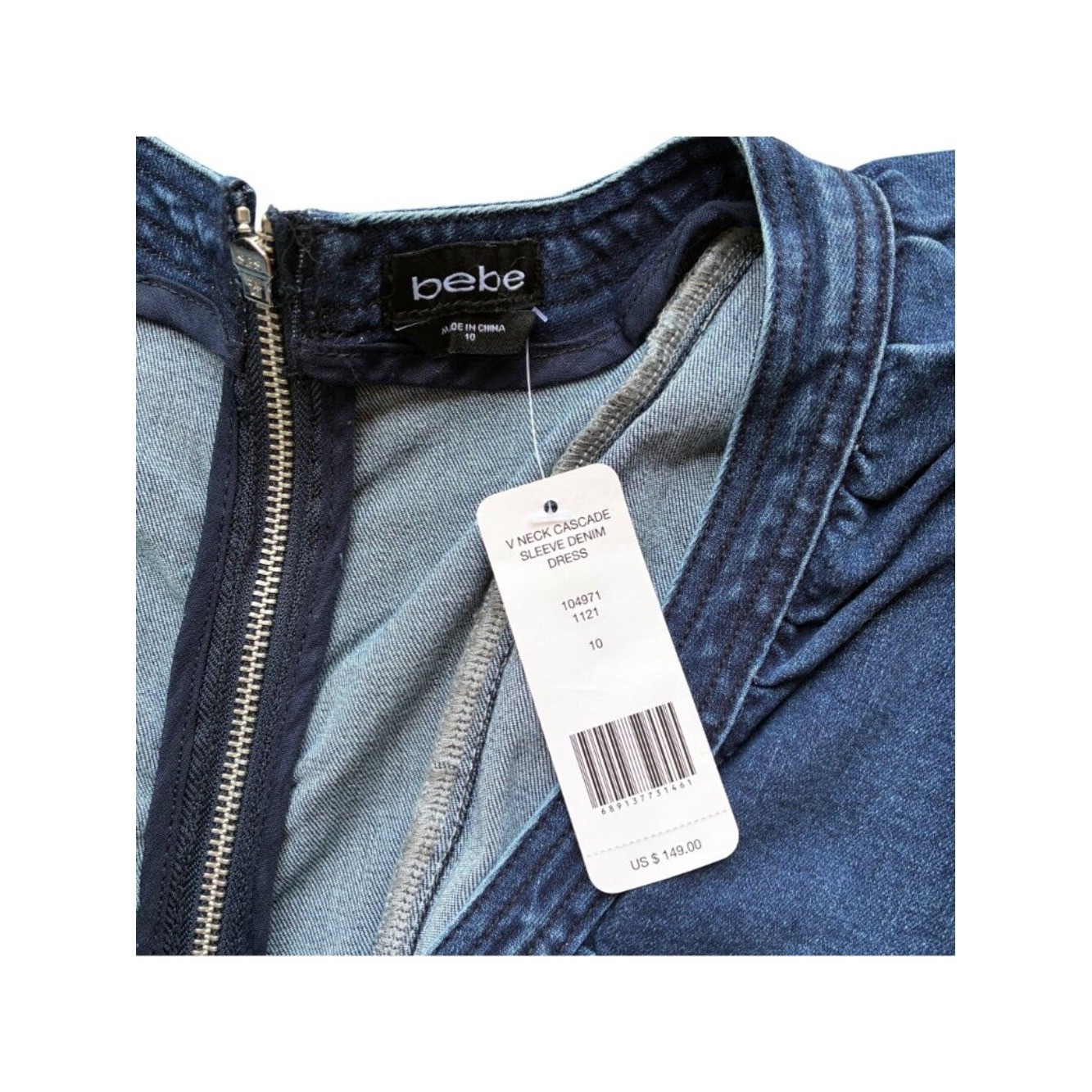 Bebe V Neck Cascade Sleeve Denim Dress Size 10 Medium Wash Blue Stretch NWT $149