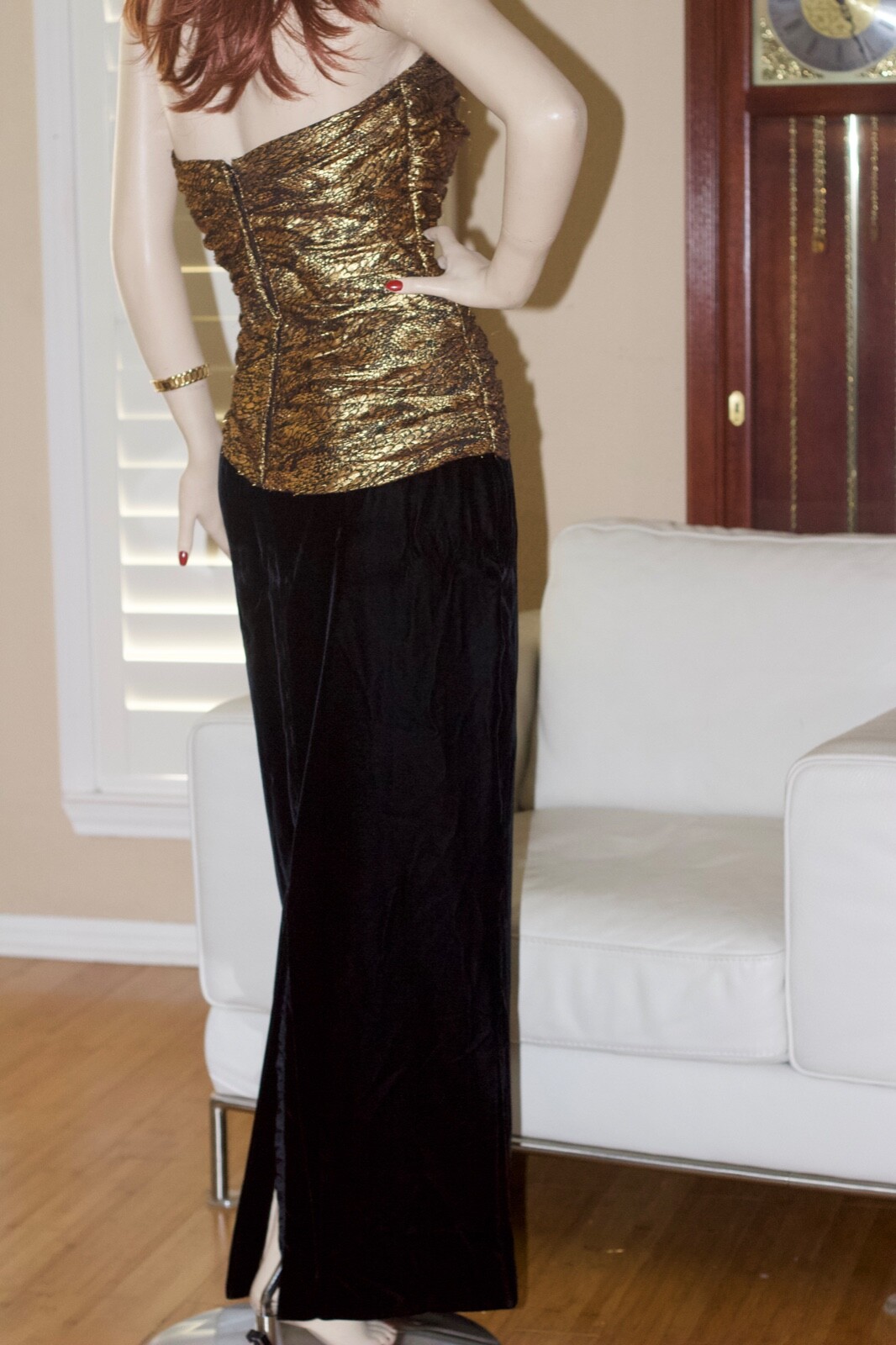 VTG 70s Eugene Alexader Formal Long Gold Black Velvet Evening Dress Sz10