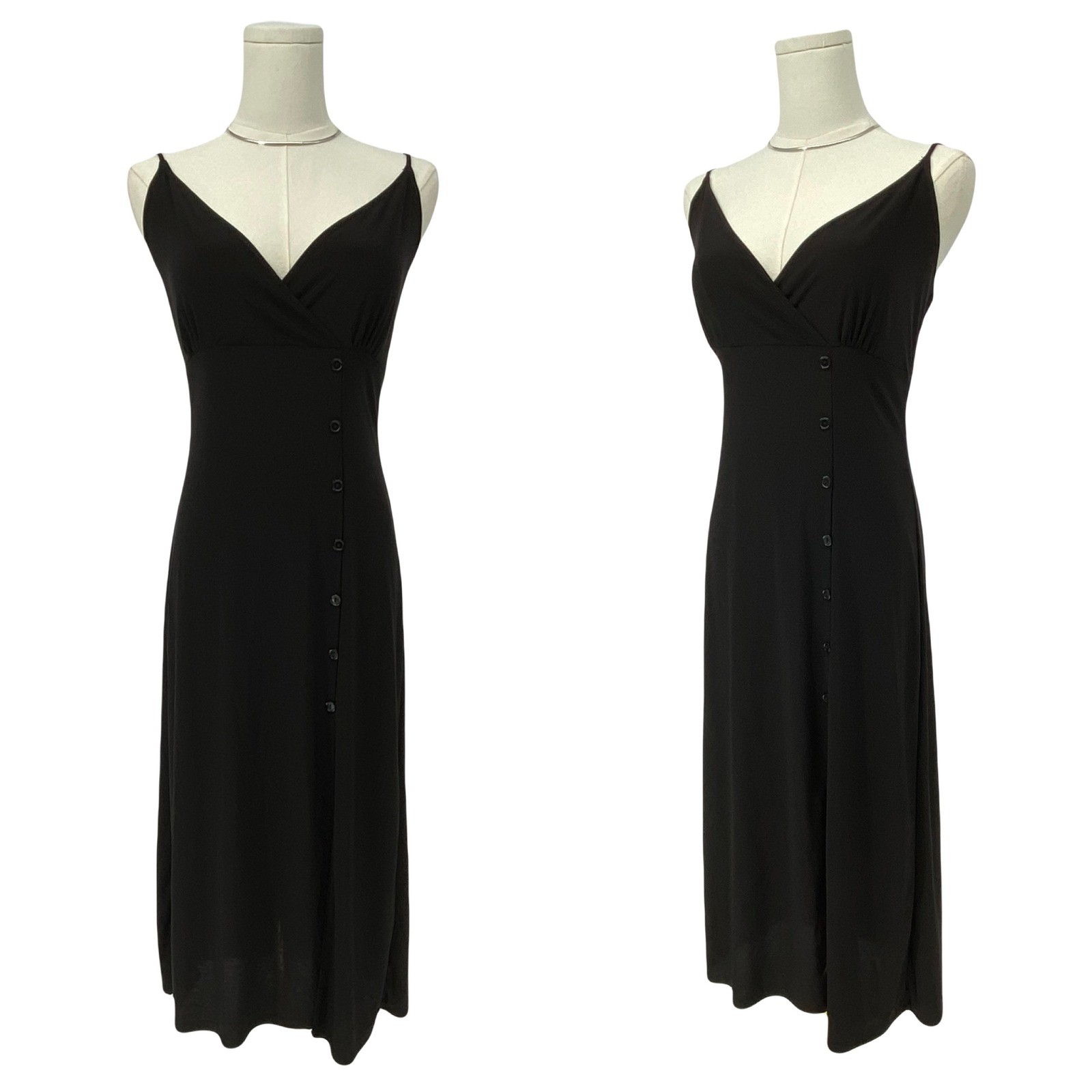 Vintage 90s Black Midi Dress Faux Wrap Bodice Button Detail Grunge Minimal