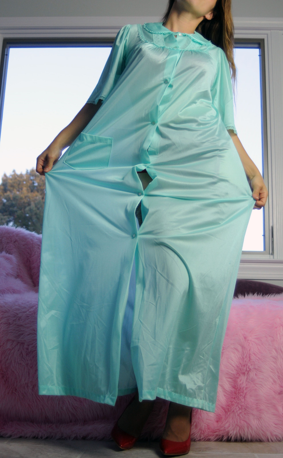 VTG Nancy King BNWT Aqua Blue Shiny Nylon Simple Classic Long Nightgown sz S
