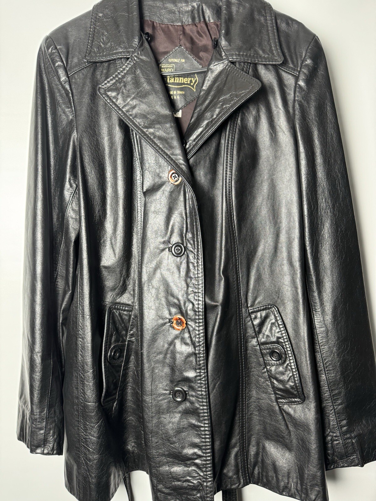 The Tannery Vintage Women’s Black Leather Jacket Montgomery Ward Button Up 14-T
