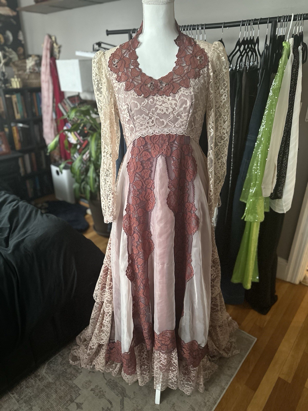 Vintage Union Tag Lace Gown With Beaded Details And Bustled Train