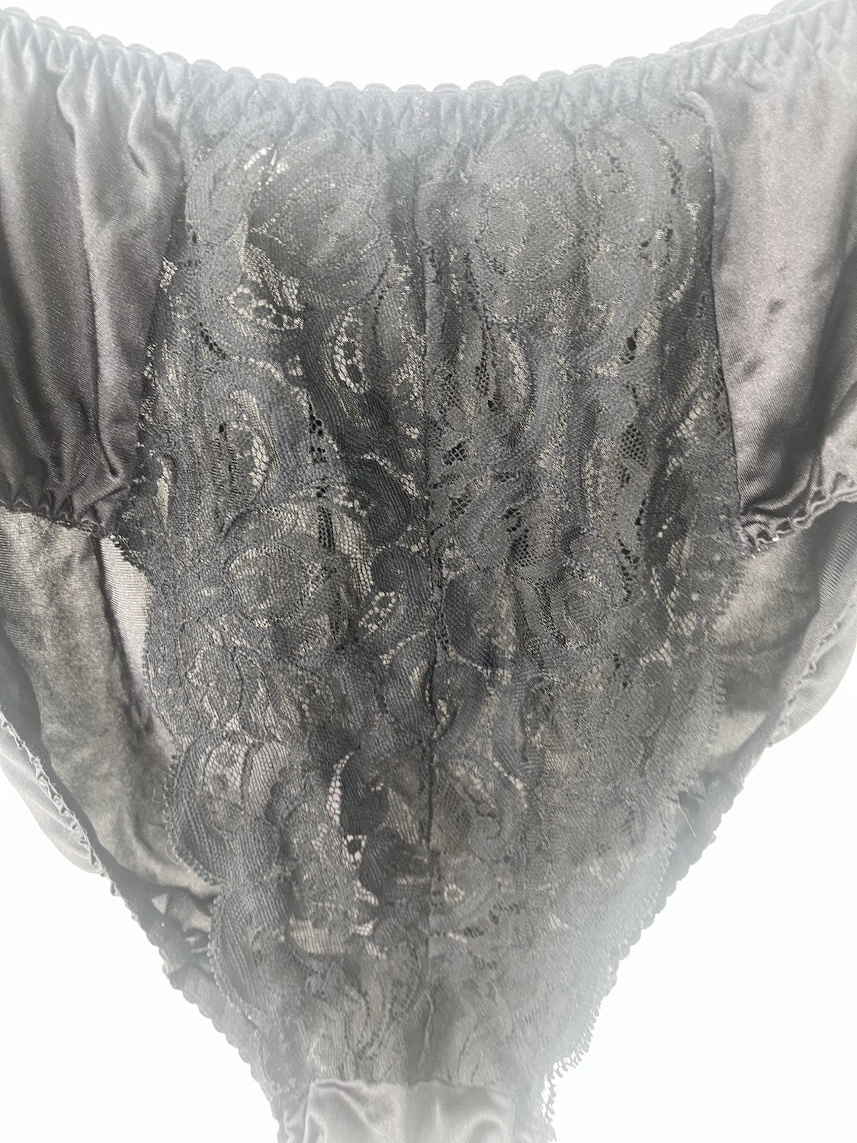 Vintage Olga Sheer Lace HI-CUT Panties #23107 black L Lacy Nylon Cotton 90s