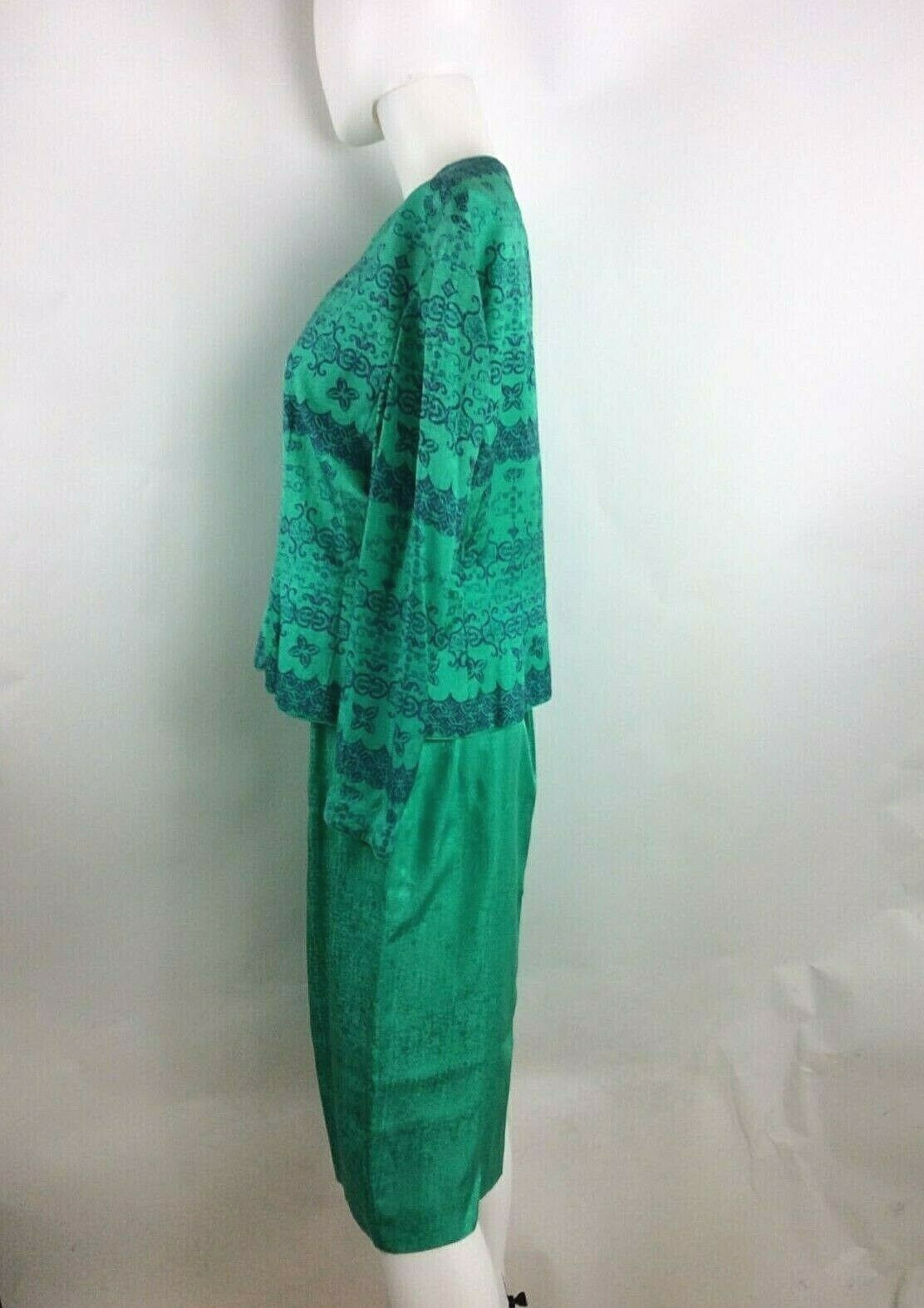 Papell Petites Vintage Women Silk Skirt Jacket Set Green Size 12 Petite (1)