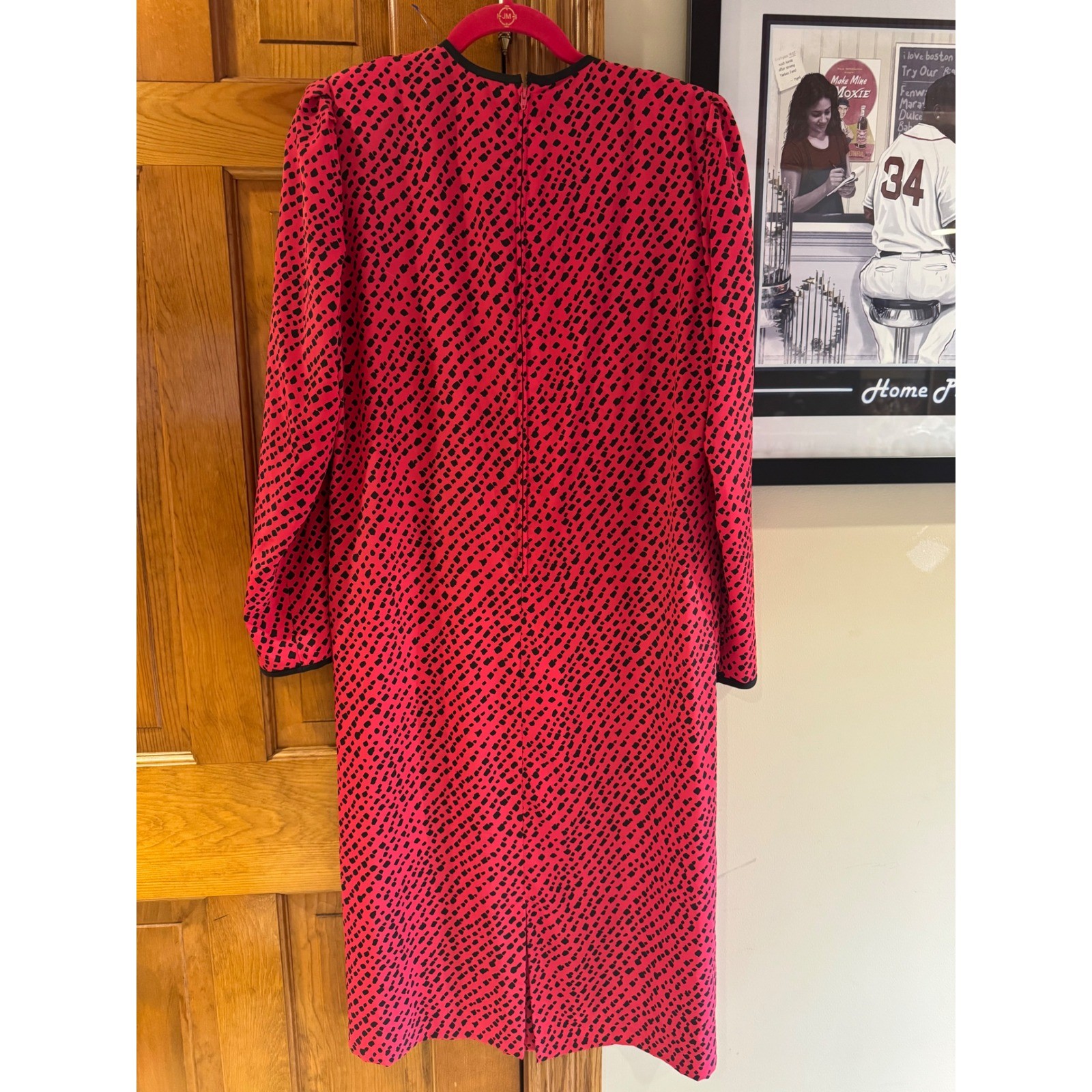 Henry Lee Vintage 80s Red Black Geometric Faux Wrap Dress Rosette Tassel Sz 12