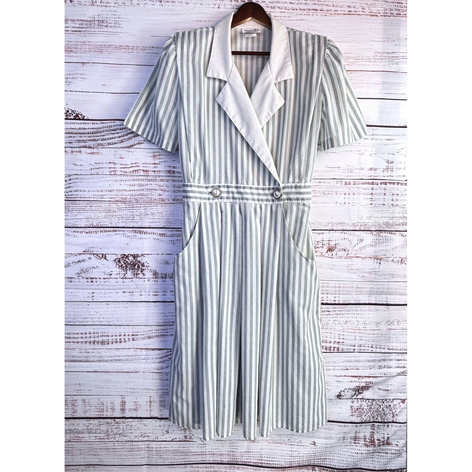Vintage Stripe Midi Shirt Dress 14 Green White Uniform Double Breasted