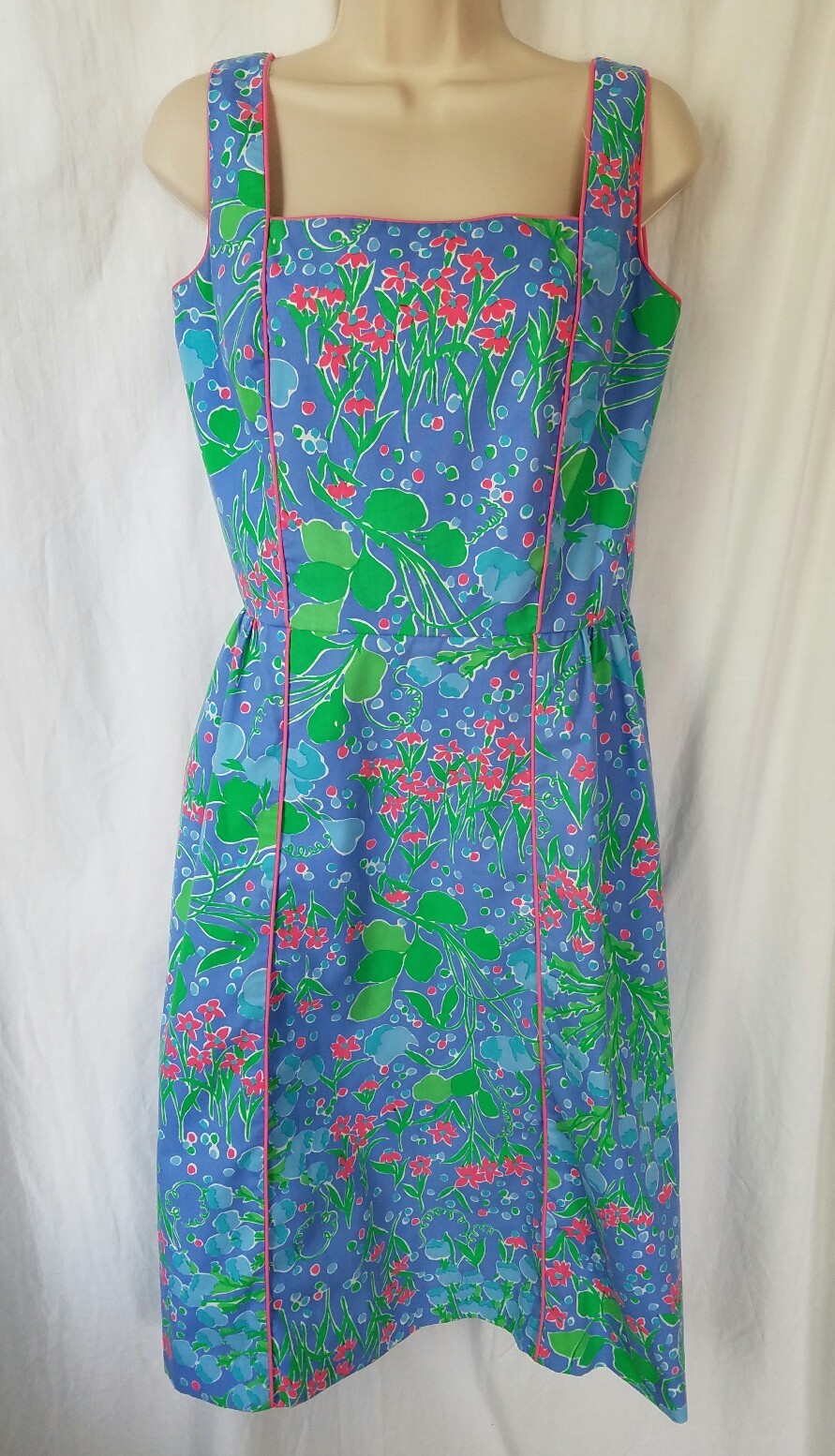 Vintage Sea Wave Bright Blue Floral Sleeveless Sundress Size 12 Pink Piping