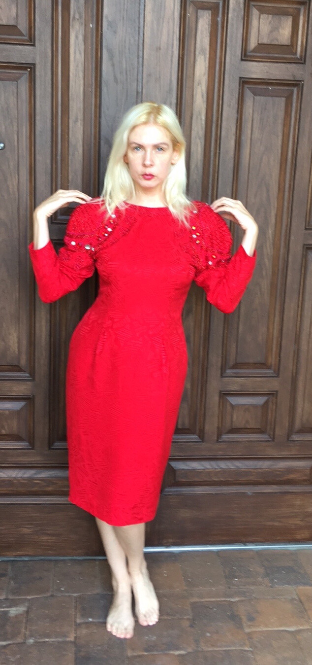Vintage 80’s Silky Poly Hand Beaded Glam Stylish Red Dress 10