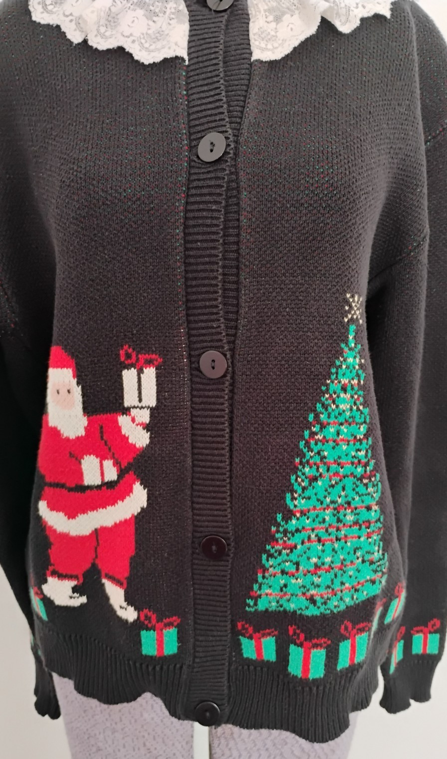 Vtg Christmas Cardigan Sweater Women’s Lace Collar Cottagecore USA L Holiday