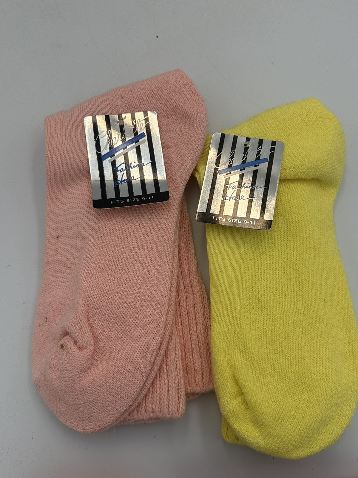 2 Vintage 1980s-1990s Slouch Socks Pink Yellow USA 100% Cotton New