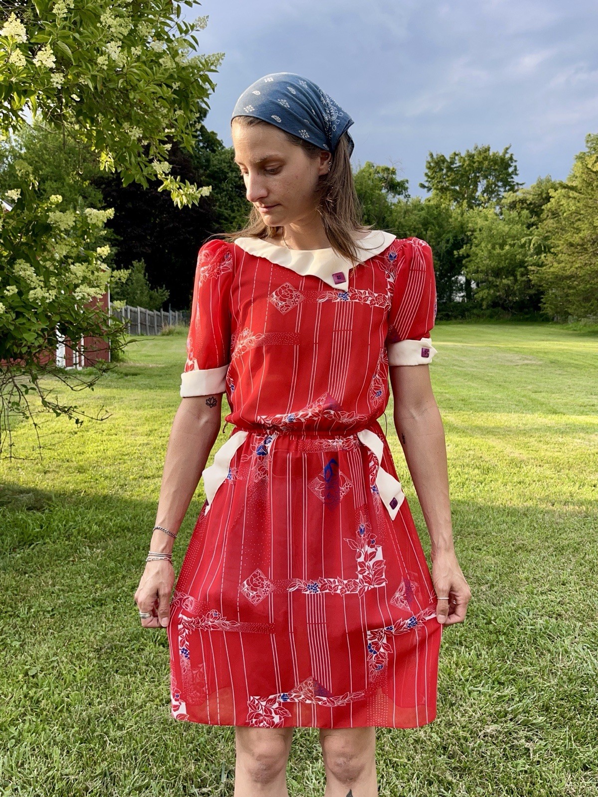 Vintage 1960’s Chinchilla Brand Sheer Red Silky Collared Floral & Striped Dress