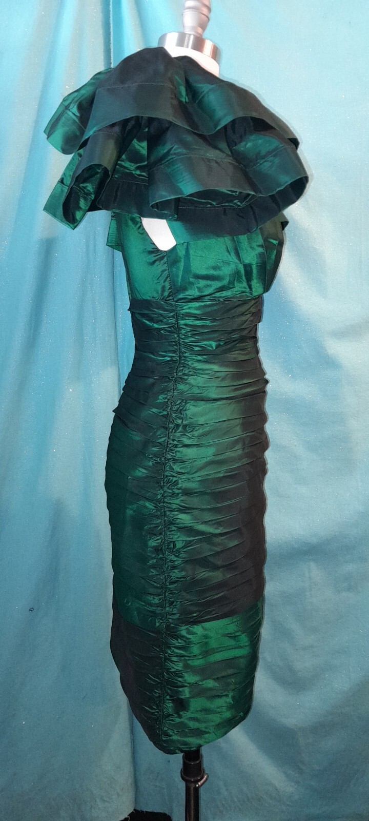 Vtg 80s Emerald Green TADASHI Pleated RUFFLE Wiggle Tafffeta Party Prom Dress S