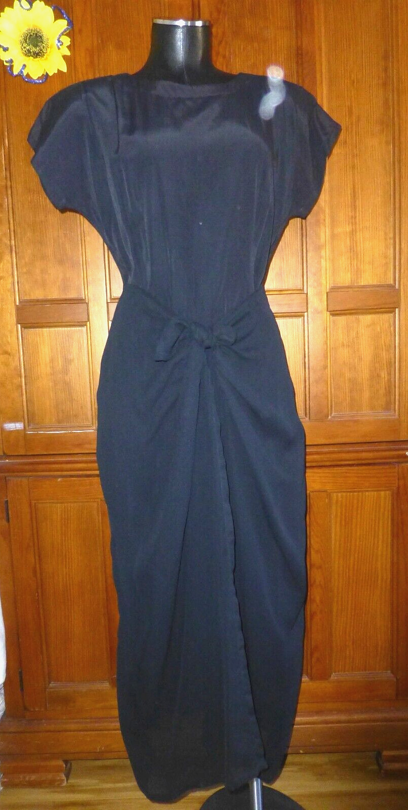Vtg 80s Black Sarong Wrap Chiffon Skirt Retro Cocktail Sheath Midi DRESS M L