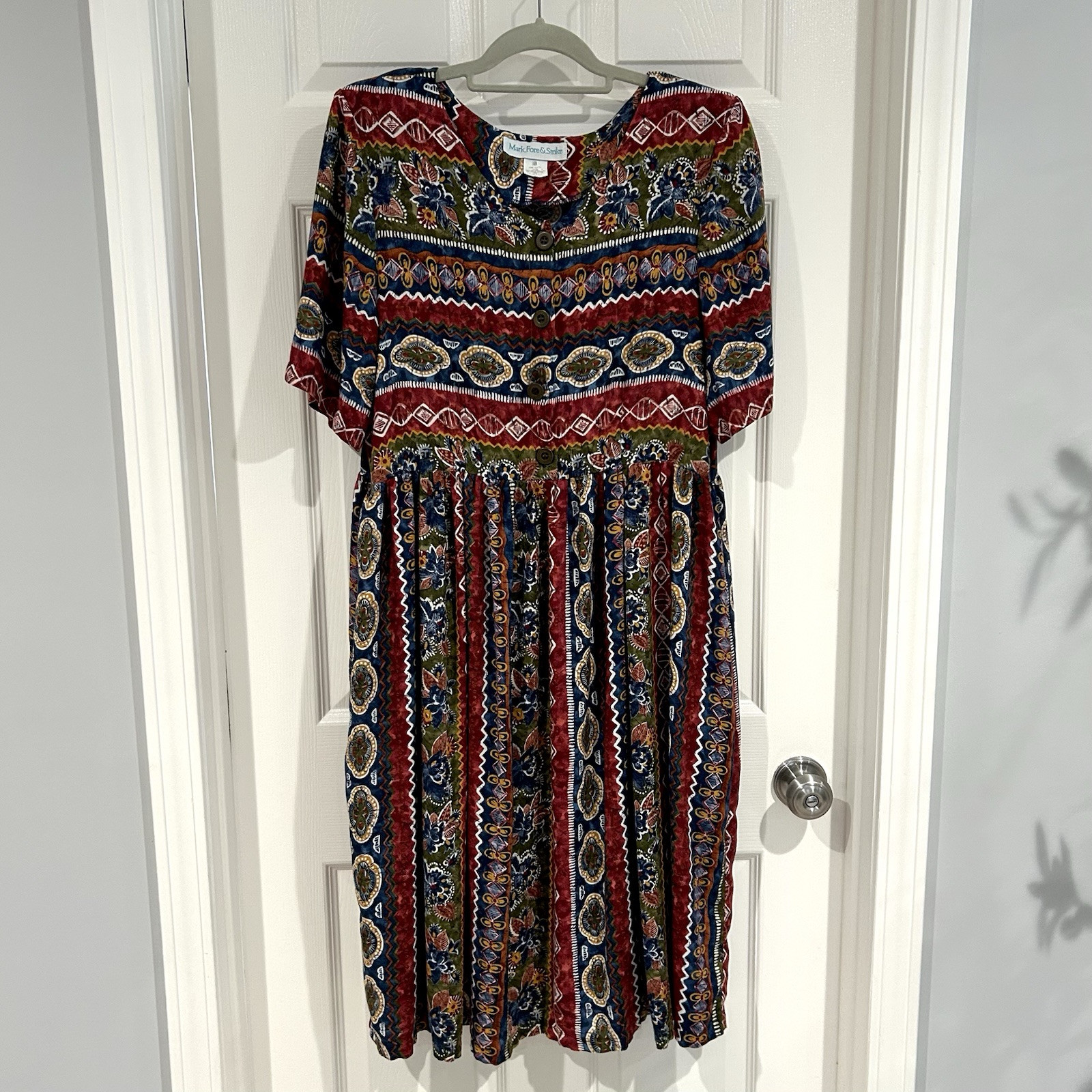 VTG 80s 90s Mark, Fore & Strike Midi Short Sleeve Button Up Dress Sz L Pockets