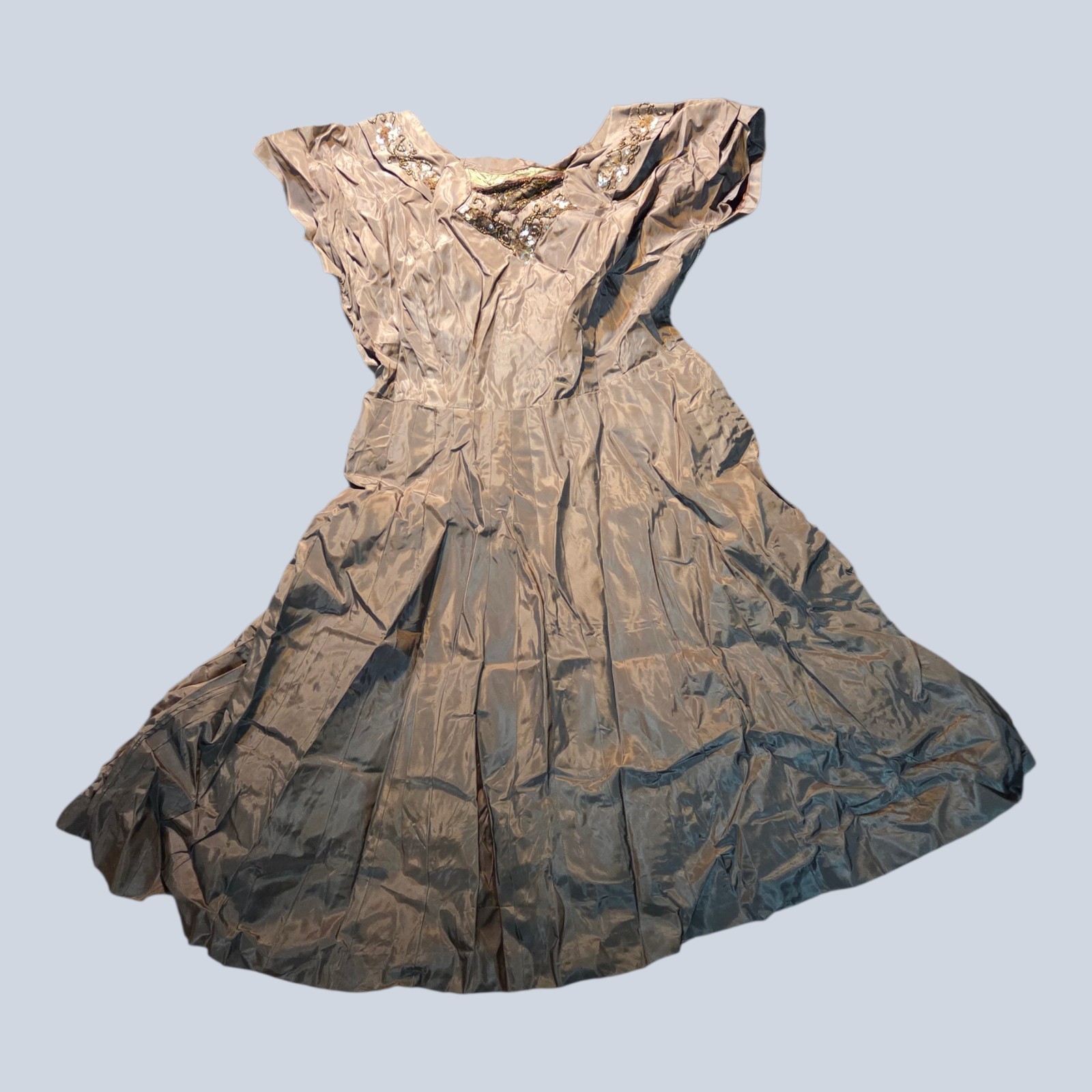 Vintage Mid Century 50s Fit Flare Cocktail Dress Brown Taffeta Sequin Beading