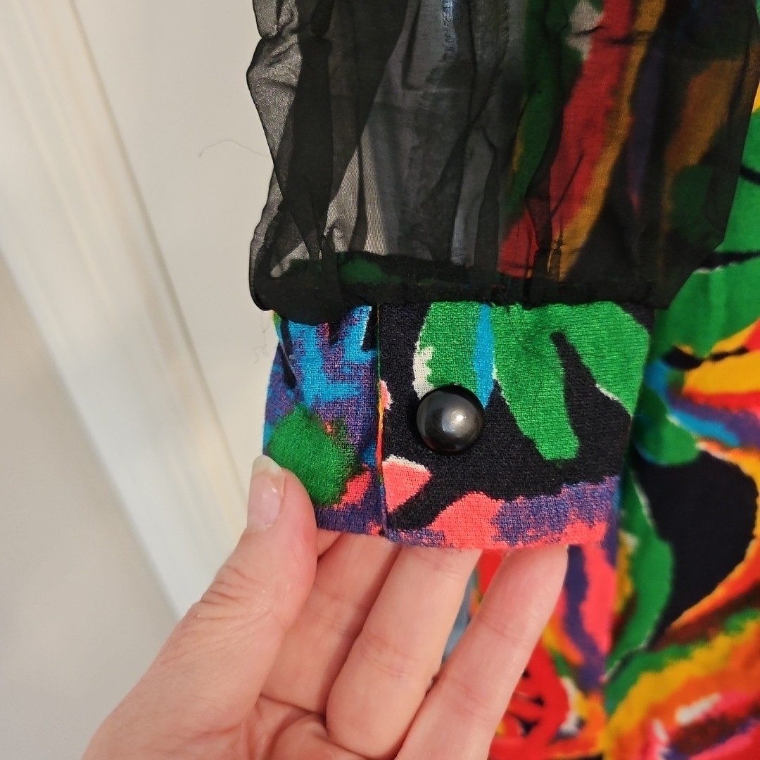 Vtg 60s Hawaiian Puritan Forever Young Psychedelic Maxi Dress w Sheer Sleeve M/L