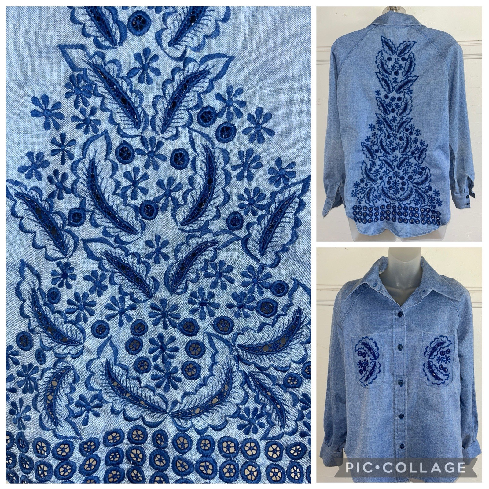 Vtg 1960s Embroidered Blue Muslin Eyelet Lace Tree L/S Western Cowgirl Shirt-M