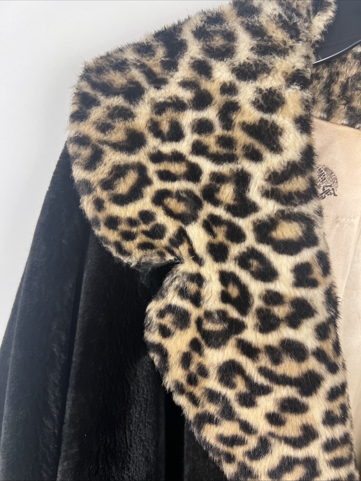 Vintage Borgana Deluxe Faux Fur Coat Black Leopard Print Collar Cuffs Mid Length
