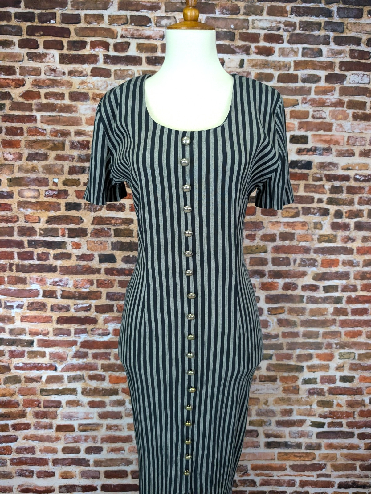 Vintage Long Slit Wiggle Dress 90’s Y2k Striped Button Maxi Size 5 6 Small Gray