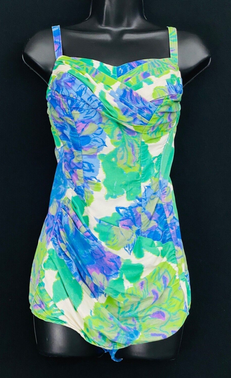 Vintage 1950s blue green floral swimsuit, one-piece swim dress cotton floral S