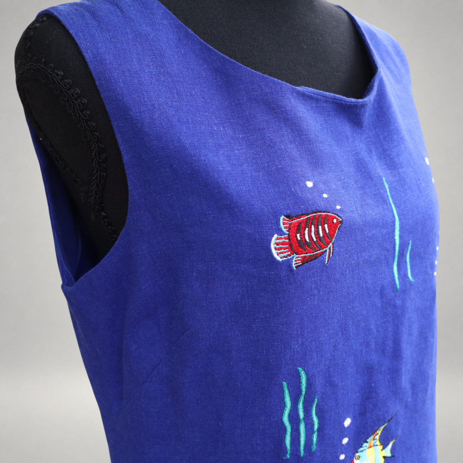 Vintage Ultra Dress Fish Embroidered Linen Rayon Shift Dress Blue Women’s Size 8