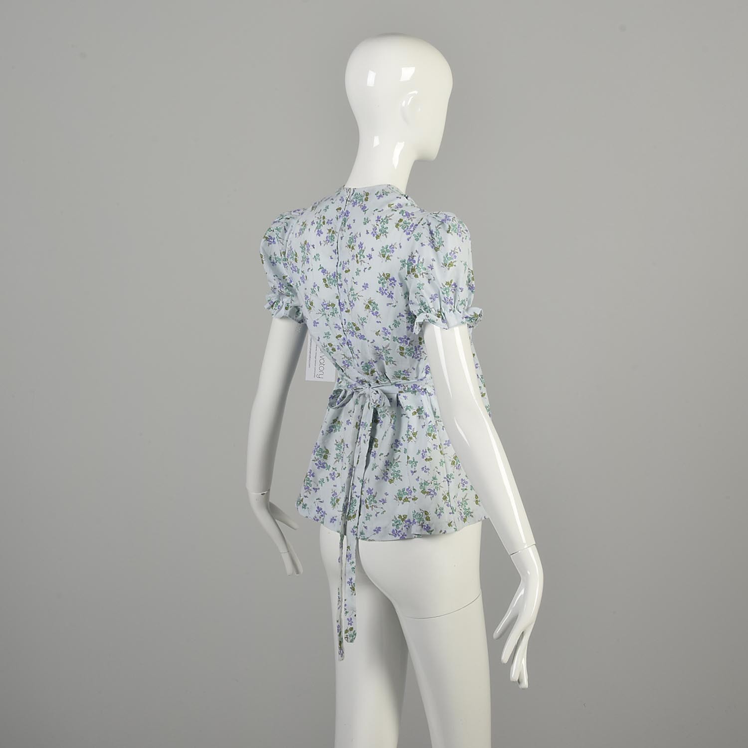 1970s XS Light Blue Smocked Tie Back Floral Blouse Short Balloon Sleeves