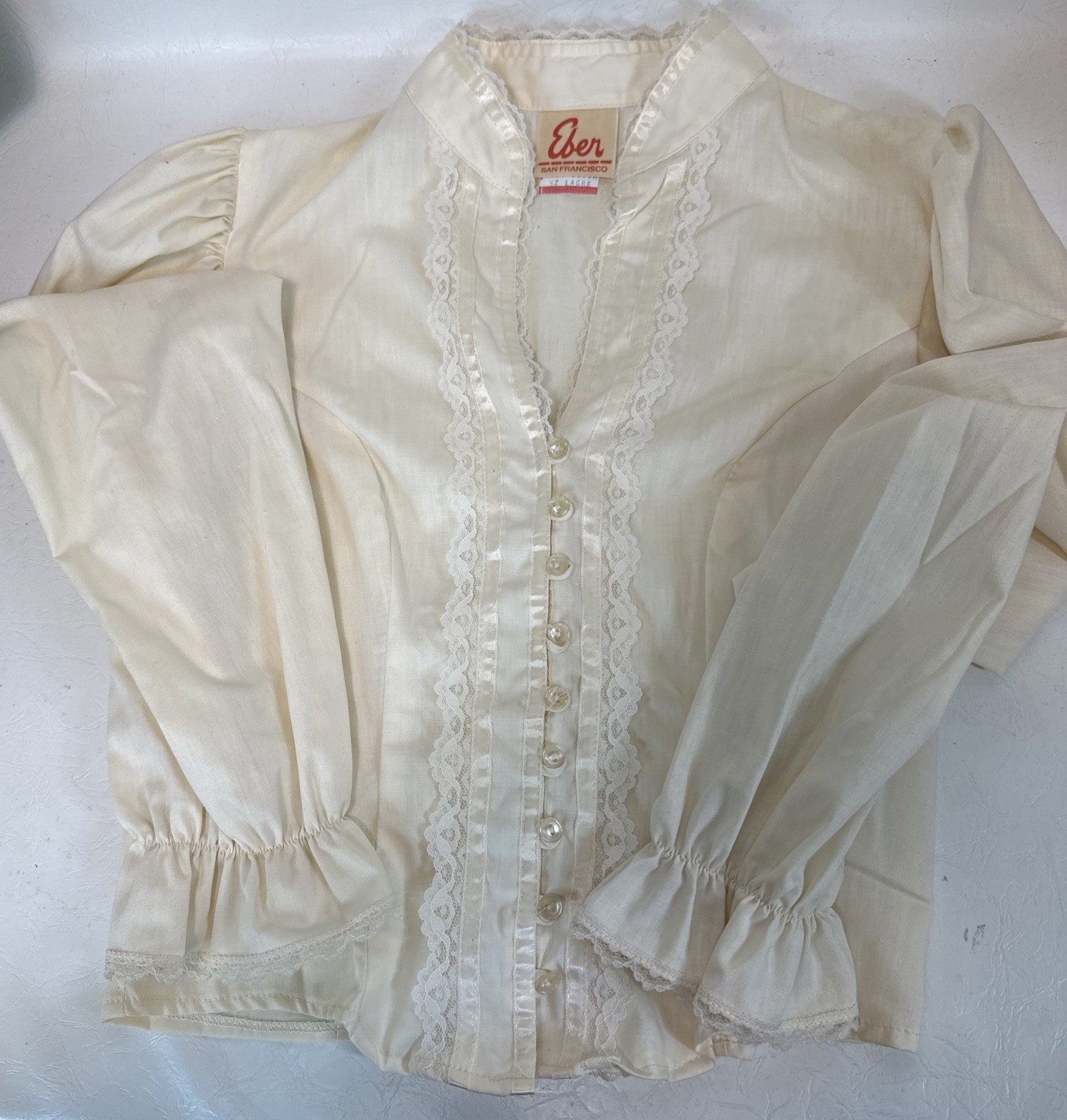 Vintag 70s Eber San Francisco Sz L Ivory Victorian Button Fitted Prairie Blouse